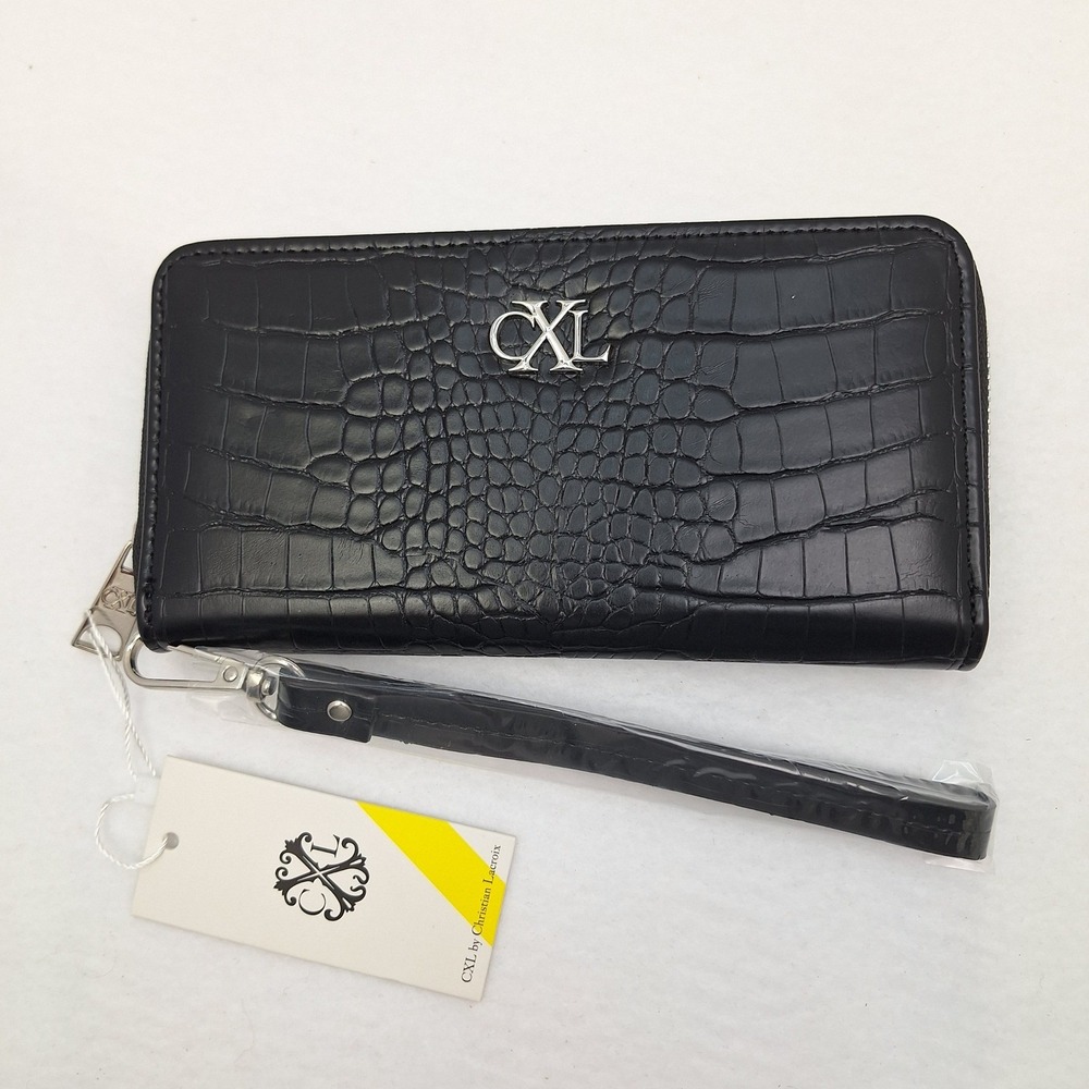 Christian Lacroix Wristlet Black Kara Croco Zip Around Wallet New
